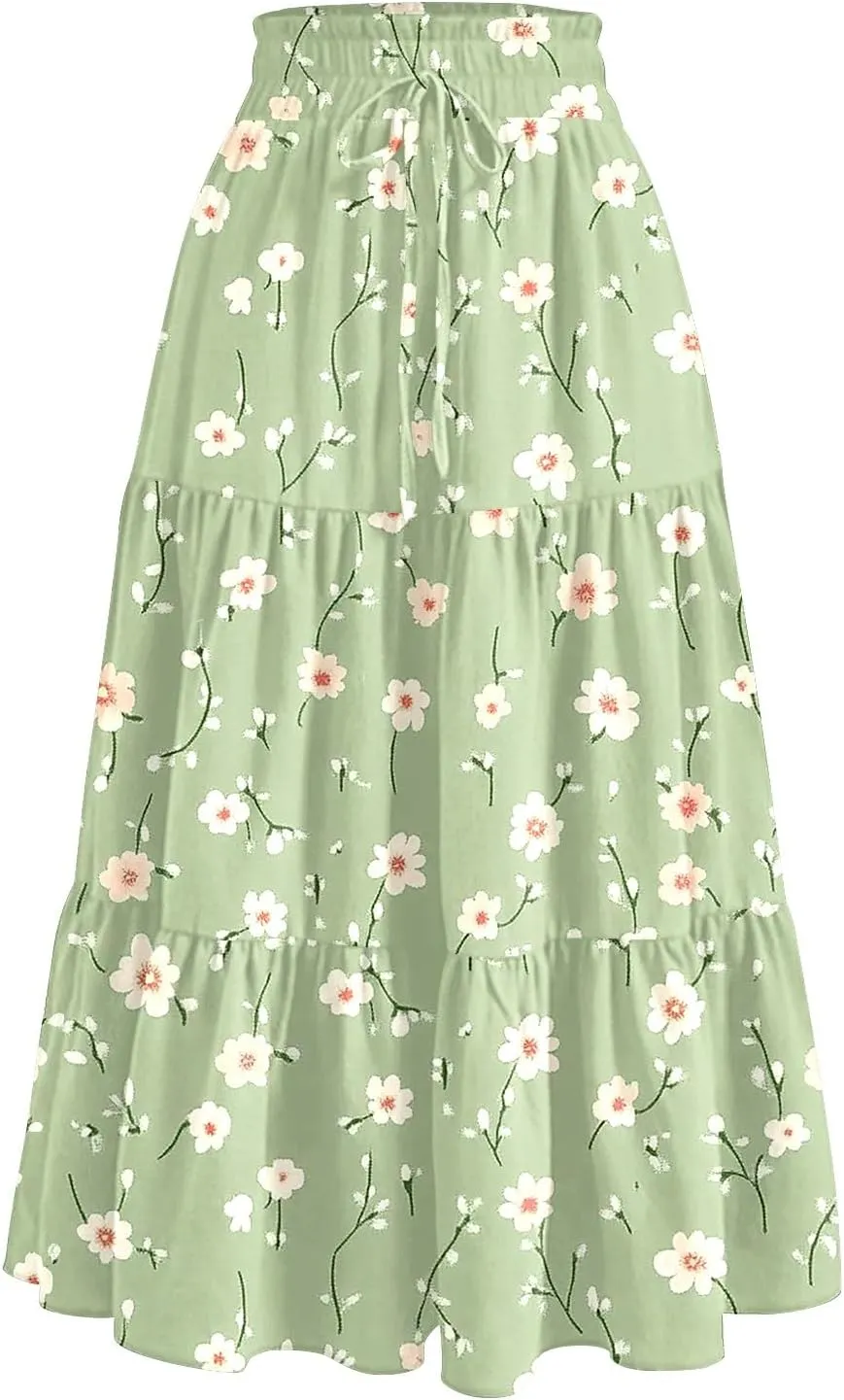 Women's 2025 Spring Summer High Waist Boho Floral Casual Flowy A Line Beach Long Skirts, S-2XL