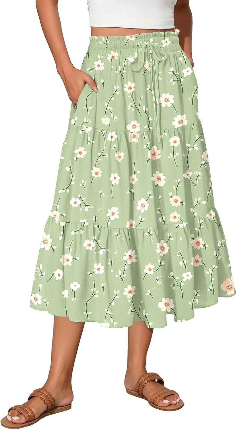 Women's 2025 Spring Summer High Waist Boho Floral Casual Flowy A Line Beach Long Skirts, S-2XL