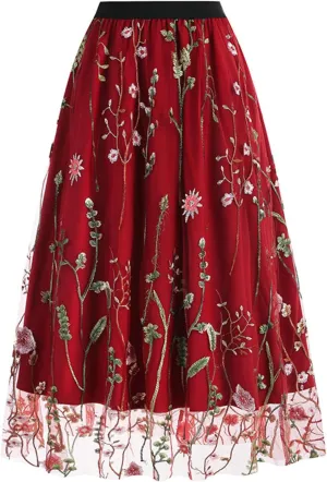 Women's 3D Embroidered Double-Layered Mesh Midi Skirt High Waist Pleated Skirt Midi Swing Skirt A-Line Vintage Skirts
