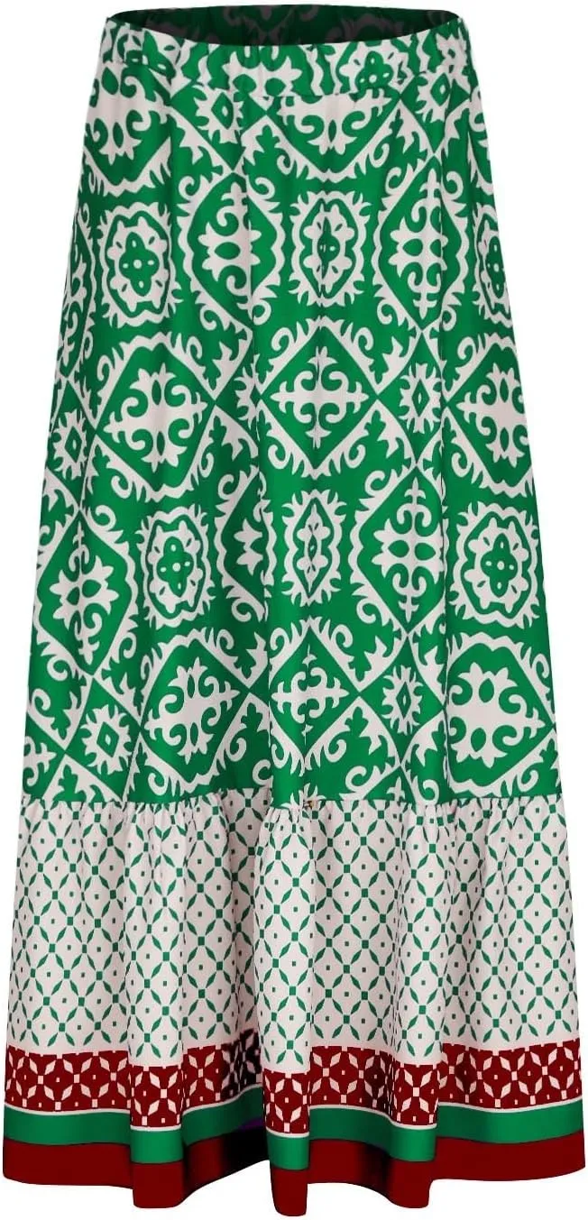 Women's Boho Elastic High Waist A Line Flared Ruffle Swing Beach Maxi Skirt Summer Beach Wrap Cover Up Long Skirt