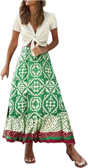Women's Boho Elastic High Waist A Line Flared Ruffle Swing Beach Maxi Skirt Summer Beach Wrap Cover Up Long Skirt