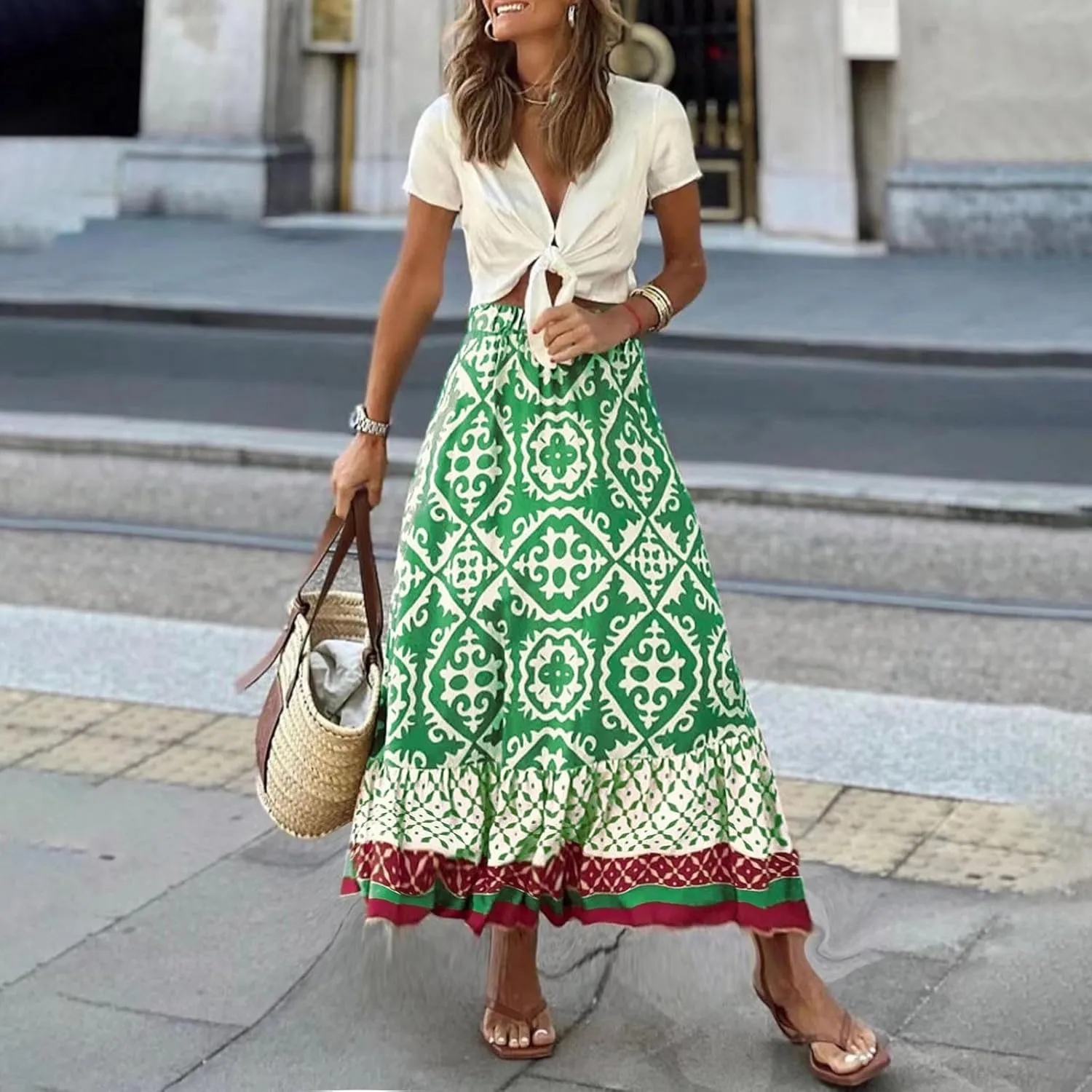 Women's Boho Elastic High Waist A Line Flared Ruffle Swing Beach Maxi Skirt Summer Beach Wrap Cover Up Long Skirt