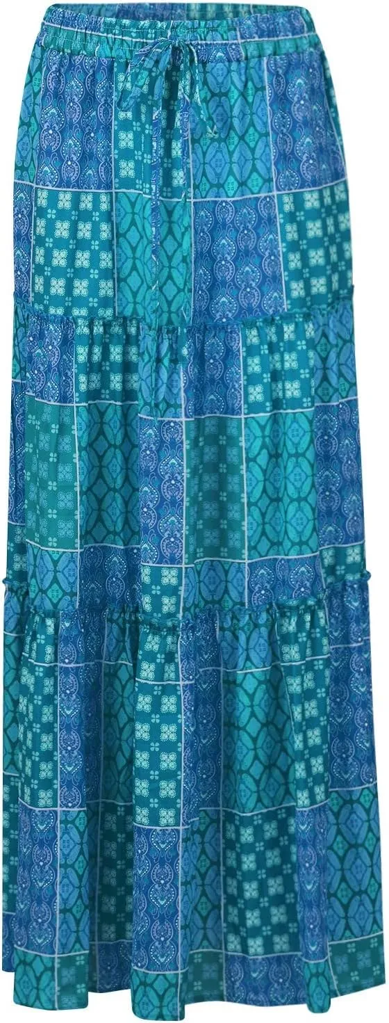Women's Boho Maxi Skirts Floral Printed Summer Pleated Flowy A-Line Skirt High Waist Casual Long Skirts with Pockets
