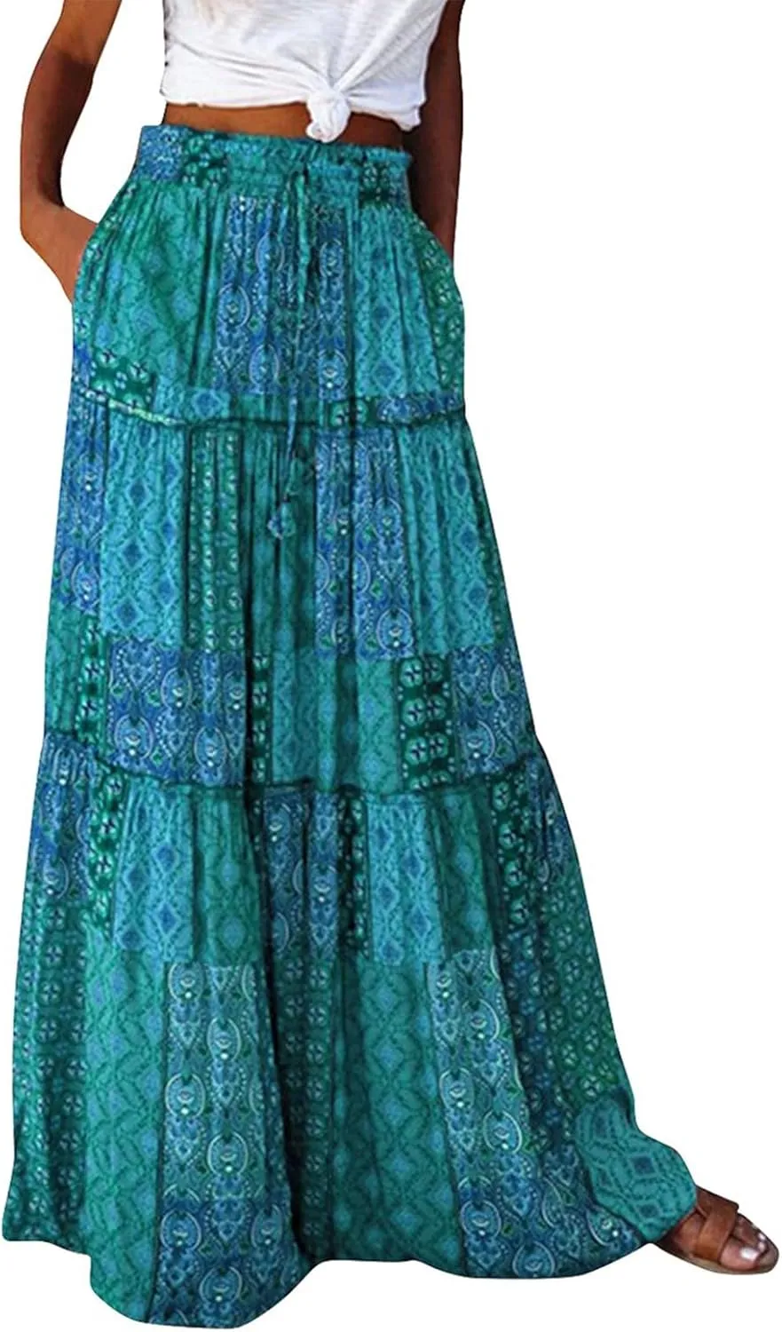 Women's Boho Maxi Skirts Floral Printed Summer Pleated Flowy A-Line Skirt High Waist Casual Long Skirts with Pockets