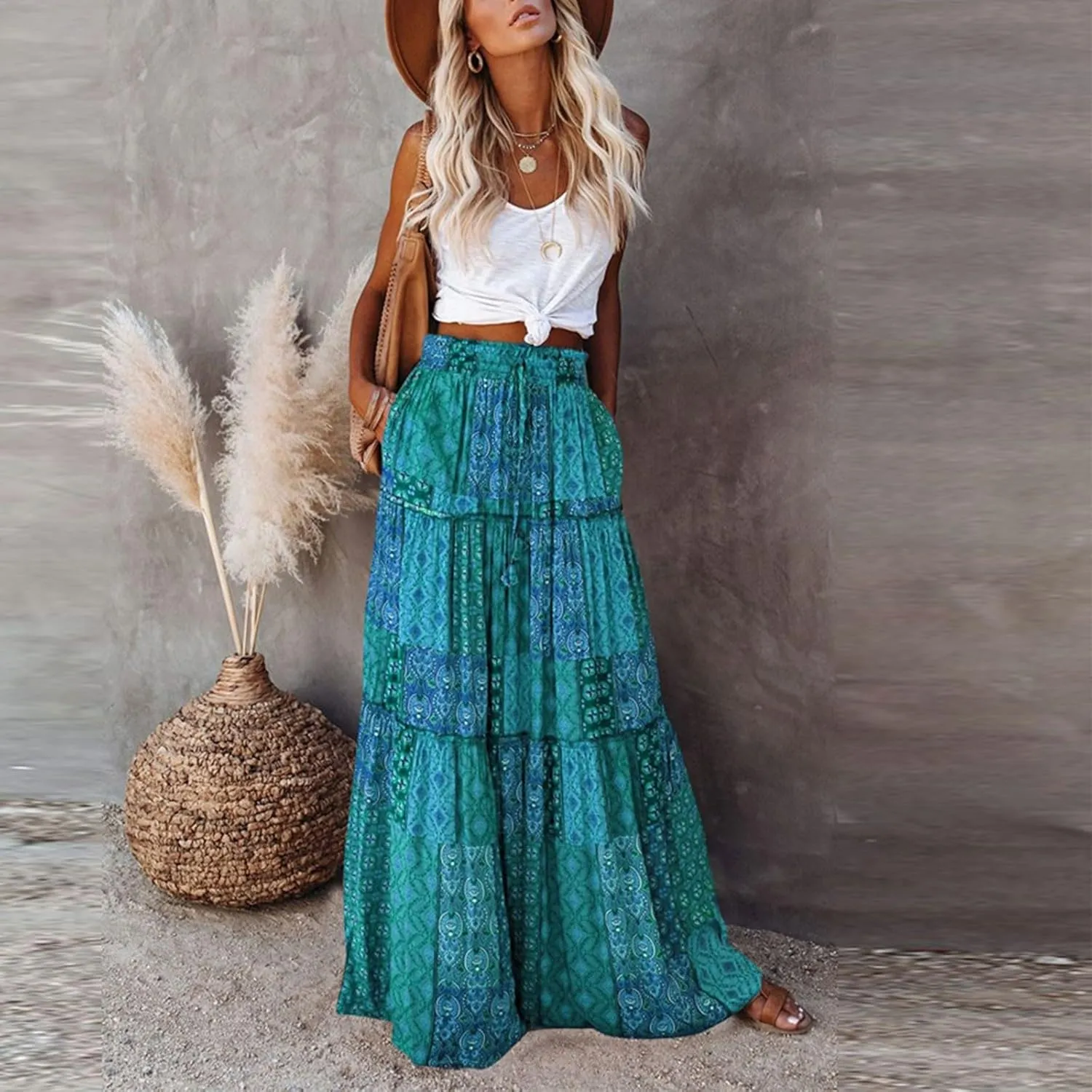 Women's Boho Maxi Skirts Floral Printed Summer Pleated Flowy A-Line Skirt High Waist Casual Long Skirts with Pockets