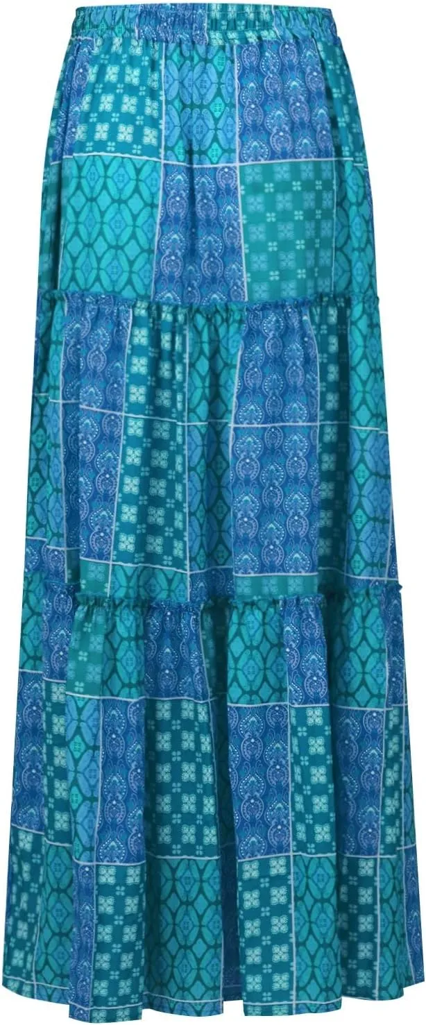Women's Boho Maxi Skirts Floral Printed Summer Pleated Flowy A-Line Skirt High Waist Casual Long Skirts with Pockets