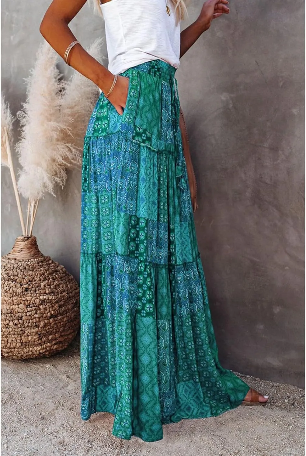 Women's Boho Maxi Skirts Floral Printed Summer Pleated Flowy A-Line Skirt High Waist Casual Long Skirts with Pockets