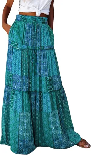 Women's Boho Maxi Skirts Floral Printed Summer Pleated Flowy A-Line Skirt High Waist Casual Long Skirts with Pockets