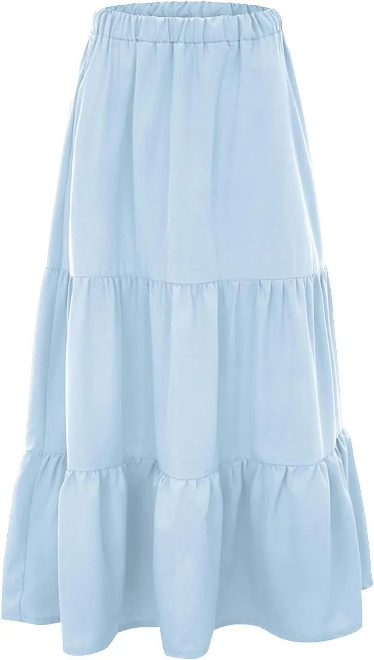 Womens Boho Tiered Maxi Skirt Summer Flowy Beach Skirts Elastic Waistband Midi Skirt Floral Pleated A Line Skirt with Pockets