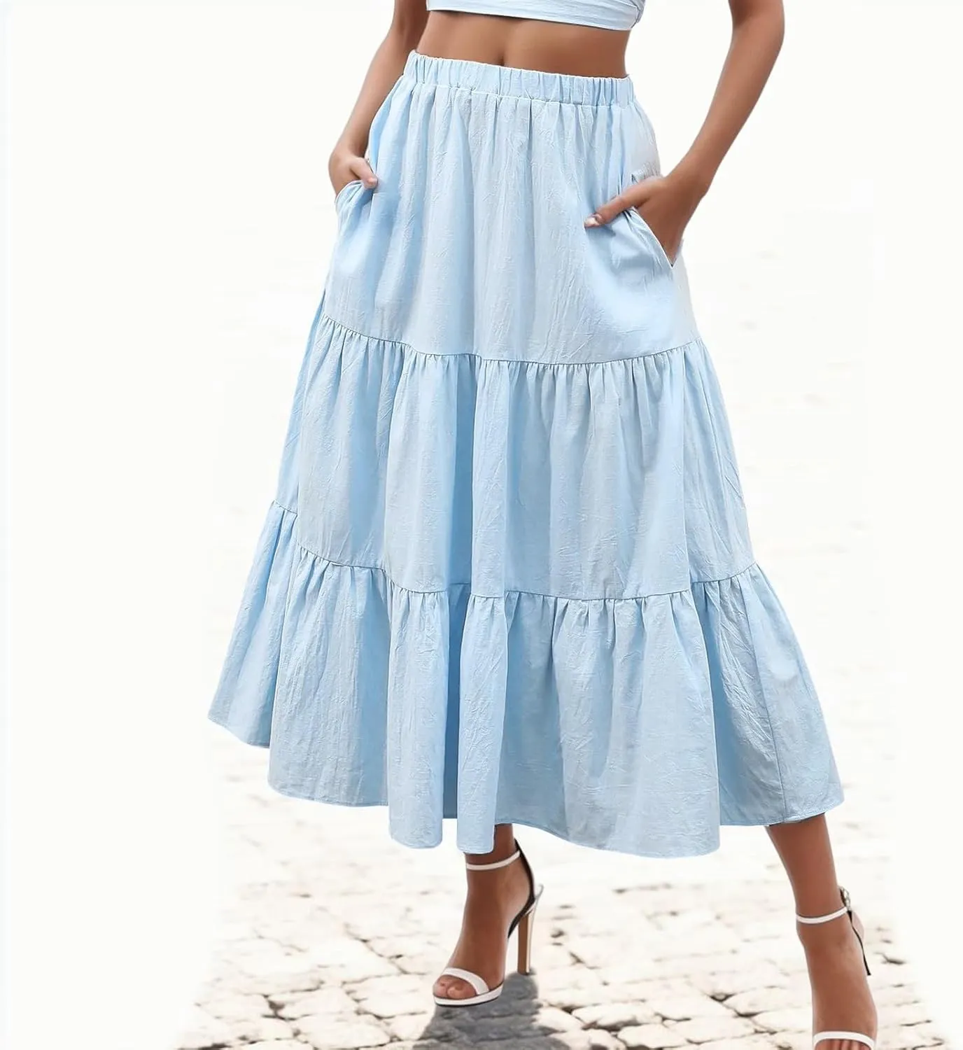 Womens Boho Tiered Maxi Skirt Summer Flowy Beach Skirts Elastic Waistband Midi Skirt Floral Pleated A Line Skirt with Pockets