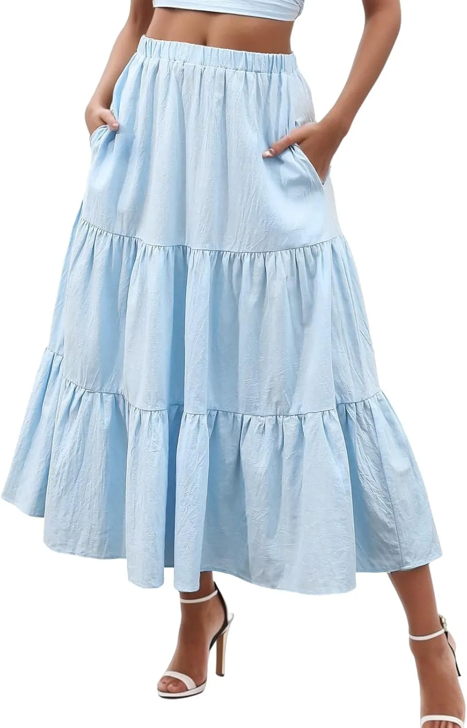 Womens Boho Tiered Maxi Skirt Summer Flowy Beach Skirts Elastic Waistband Midi Skirt Floral Pleated A Line Skirt with Pockets
