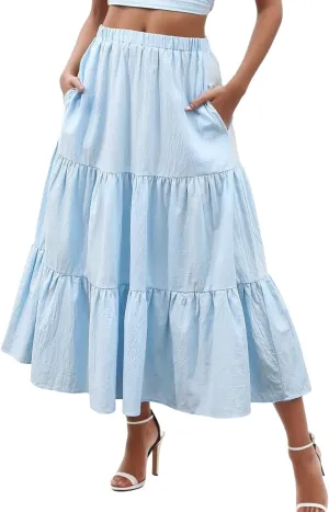 Womens Boho Tiered Maxi Skirt Summer Flowy Beach Skirts Elastic Waistband Midi Skirt Floral Pleated A Line Skirt with Pockets