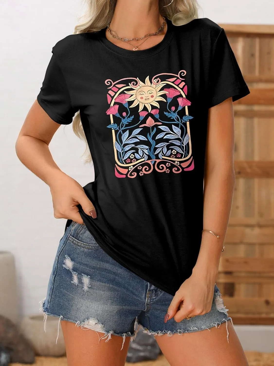 Women's Boho Wildflower Floral Shirts Vintage Graphic Loose Tees Short Sleeve Casual T Shirt Tops