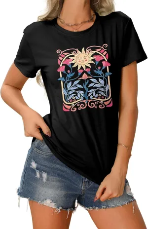 Women's Boho Wildflower Floral Shirts Vintage Graphic Loose Tees Short Sleeve Casual T Shirt Tops