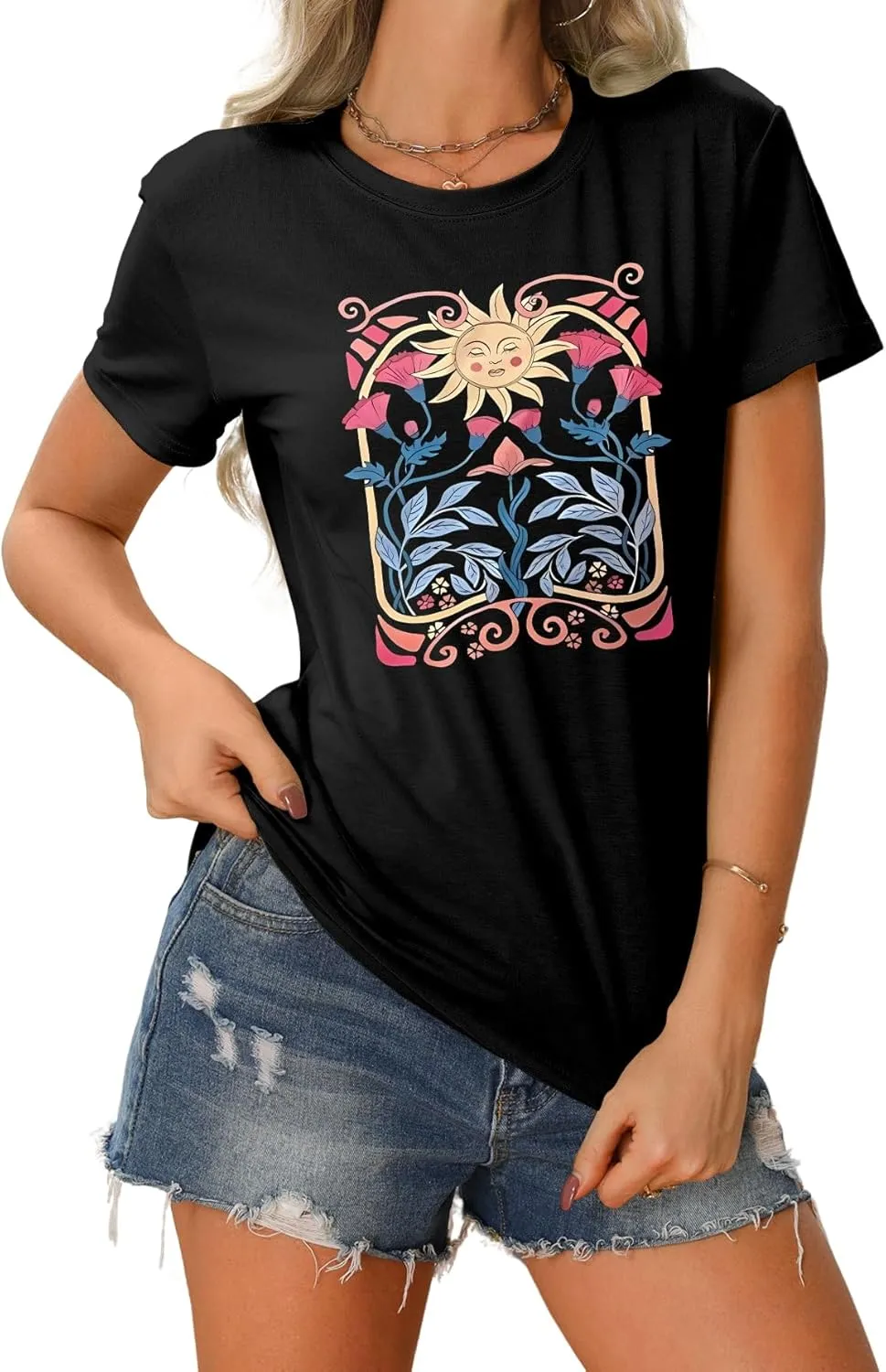 Women's Boho Wildflower Floral Shirts Vintage Graphic Loose Tees Short Sleeve Casual T Shirt Tops