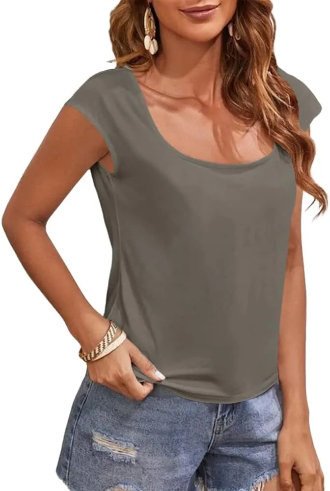 Women's Cap Sleeve Scoop Neck T Shirt Casual Solid Color Basic Tee Shirts Blouses Tank Tops