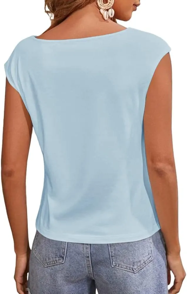 Women's Cap Sleeve Scoop Neck T Shirt Casual Solid Color Basic Tee Shirts Blouses Tank Tops