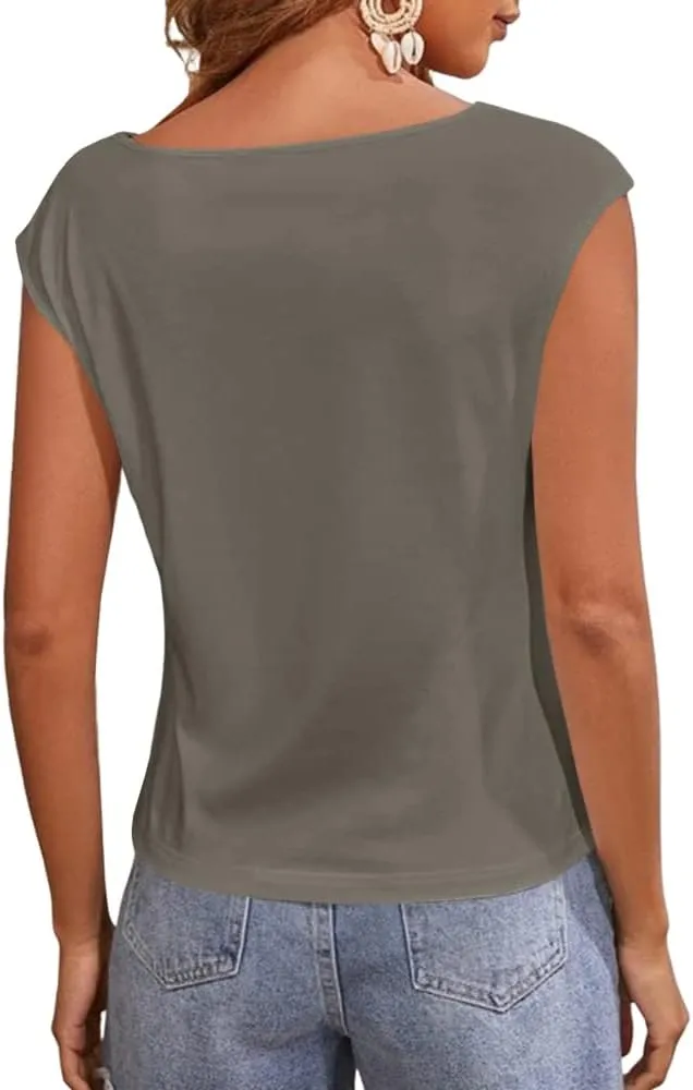 Women's Cap Sleeve Scoop Neck T Shirt Casual Solid Color Basic Tee Shirts Blouses Tank Tops