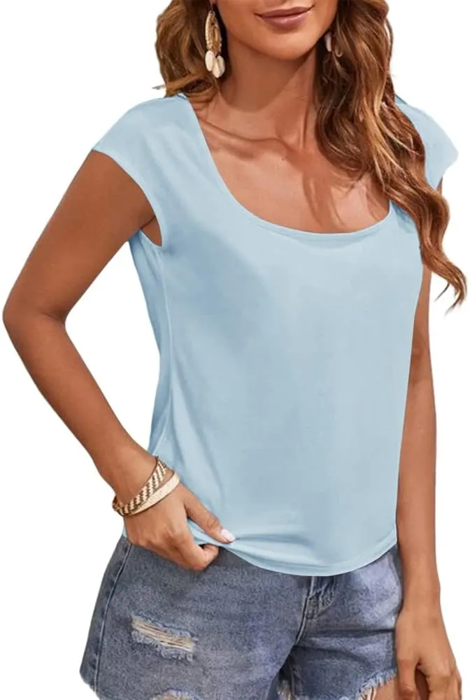 Women's Cap Sleeve Scoop Neck T Shirt Casual Solid Color Basic Tee Shirts Blouses Tank Tops