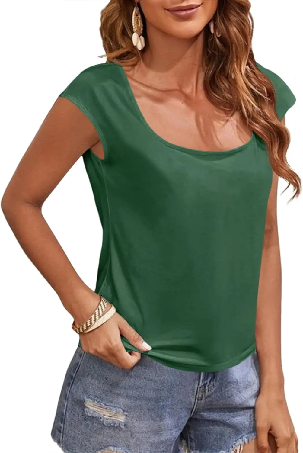 Women's Cap Sleeve Scoop Neck T Shirt Casual Solid Color Basic Tee Shirts Blouses Tank Tops