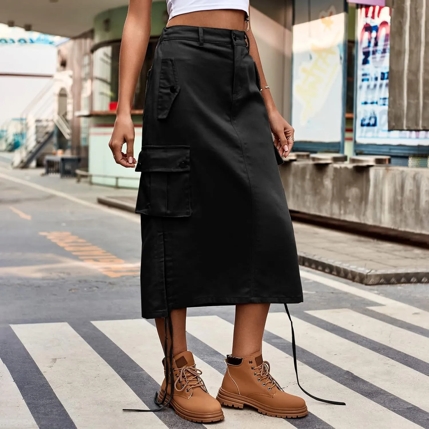 Womens Cargo Skirts Skirts for Women Plus Size Maxi Skirt Drawstring Ruched Streetwear with Pockets Tennis Skirt
