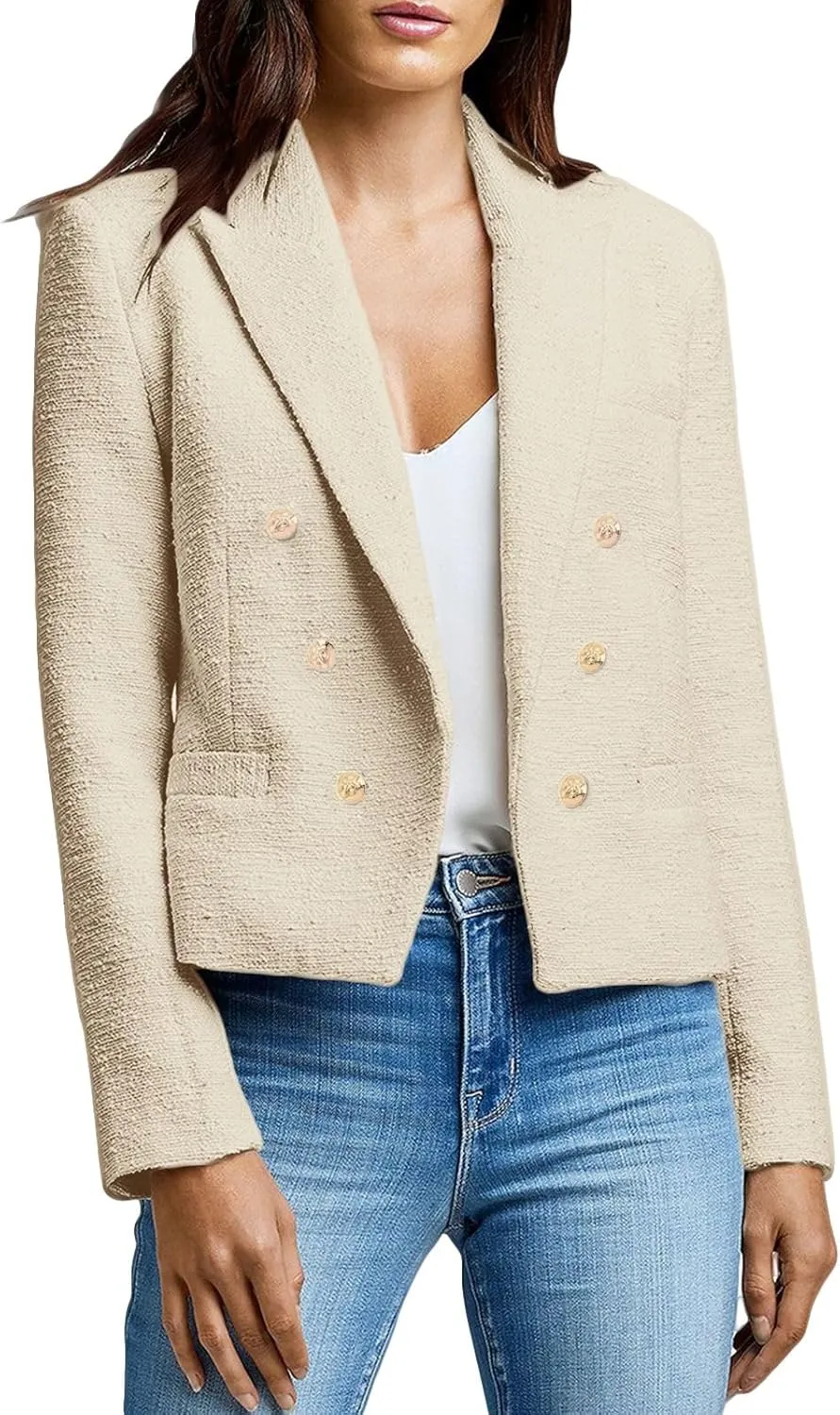 Womens' Casual Blazer 2024 New Spring Cropped Elegant Ladies Lightweight Open Front Work Office Business Pocket Jacket