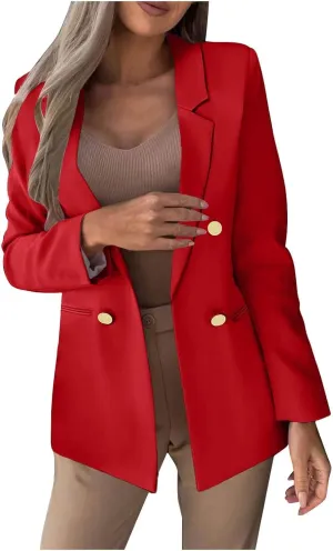 Womens Casual Blazer Jacket Slim Fit Simple Double Breasted Blazers Notched Collar Long Sleeve Work Office Jackets