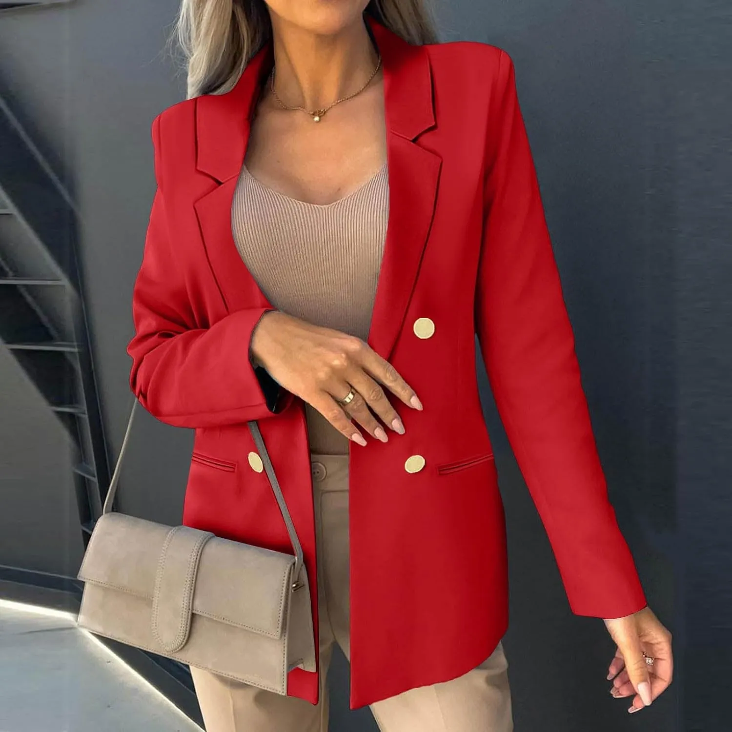 Womens Casual Blazer Jacket Slim Fit Simple Double Breasted Blazers Notched Collar Long Sleeve Work Office Jackets