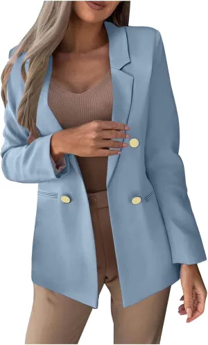 Womens Casual Blazer Jacket Slim Fit Simple Double Breasted Blazers Notched Collar Long Sleeve Work Office Jackets