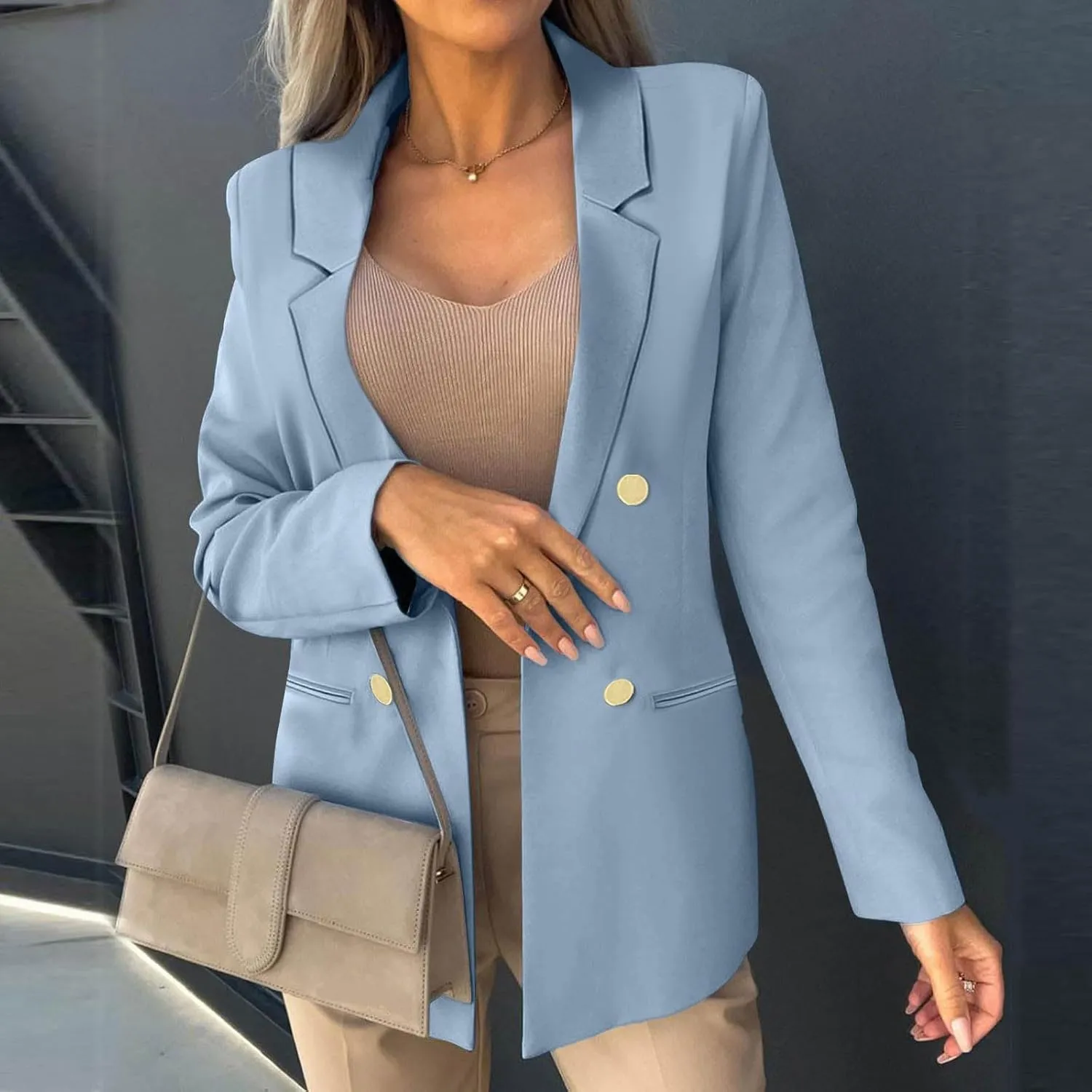 Womens Casual Blazer Jacket Slim Fit Simple Double Breasted Blazers Notched Collar Long Sleeve Work Office Jackets