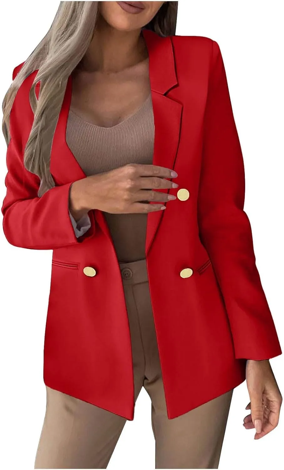 Womens Casual Blazer Jacket Slim Fit Simple Double Breasted Blazers Notched Collar Long Sleeve Work Office Jackets