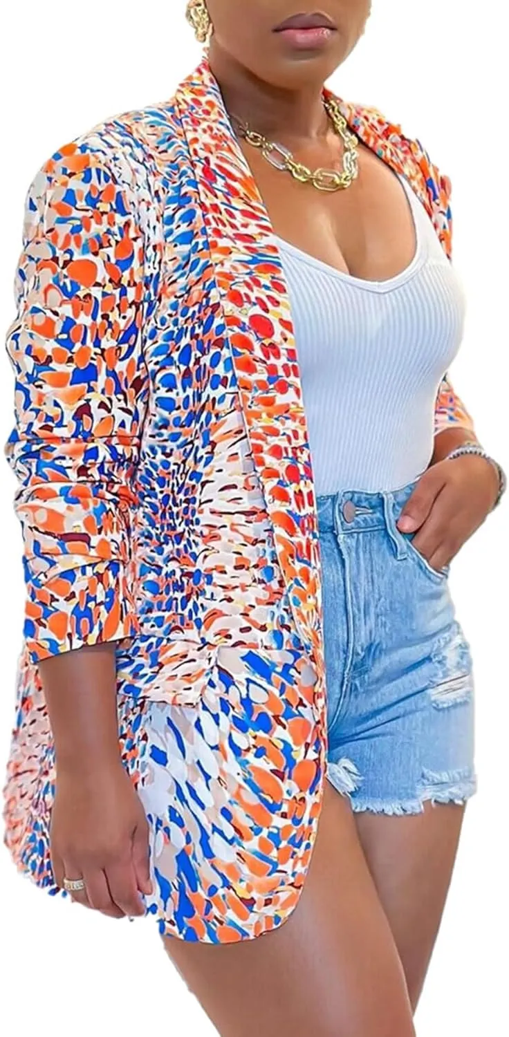 Women's Casual Blazers Jacket Colorful Tie Dye Lapel Open Front Blazer Jacket for Work Office