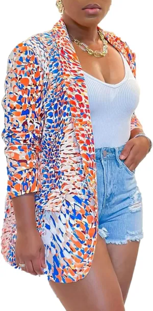 Women's Casual Blazers Jacket Colorful Tie Dye Lapel Open Front Blazer Jacket for Work Office
