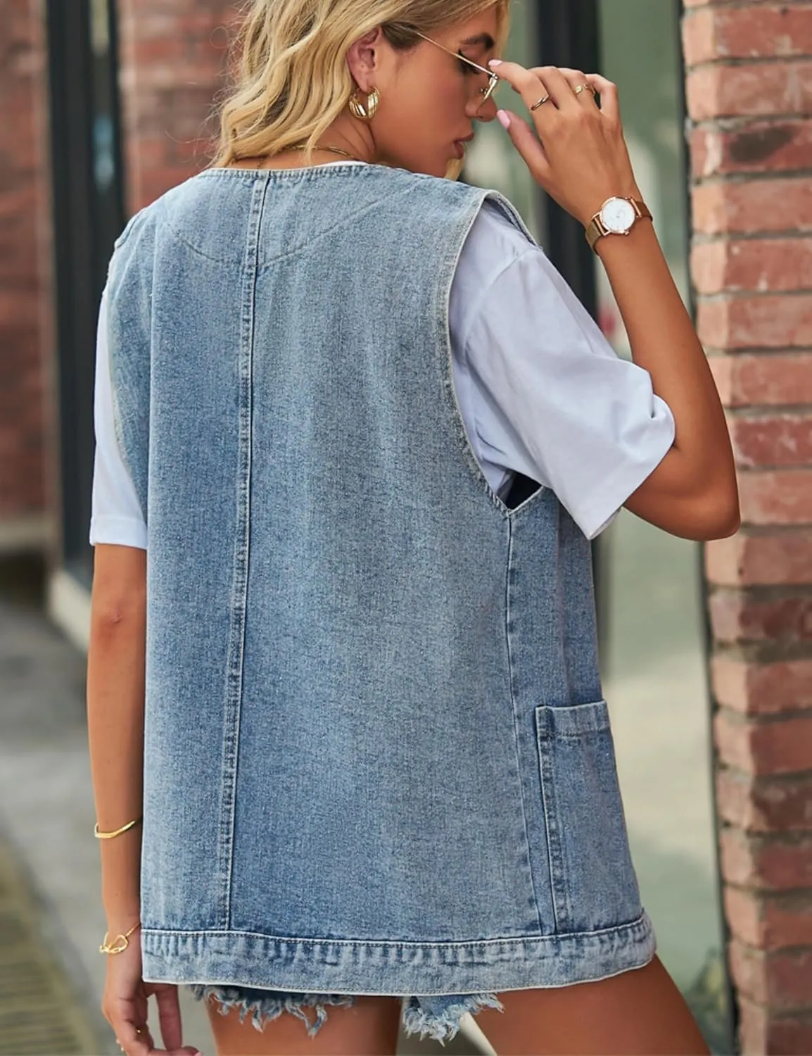 Women's Casual Denim Jean Vest Oversized Sleeveless Mid Long Button Down Jeans Jackets Vests Tops Waistcoat 
