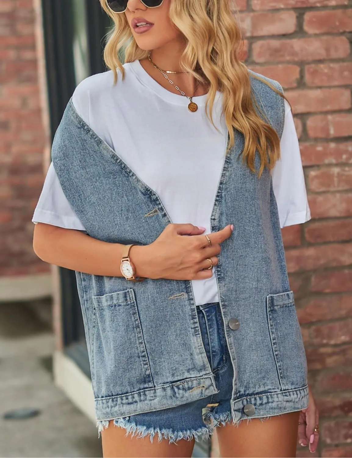 Women's Casual Denim Jean Vest Oversized Sleeveless Mid Long Button Down Jeans Jackets Vests Tops Waistcoat 