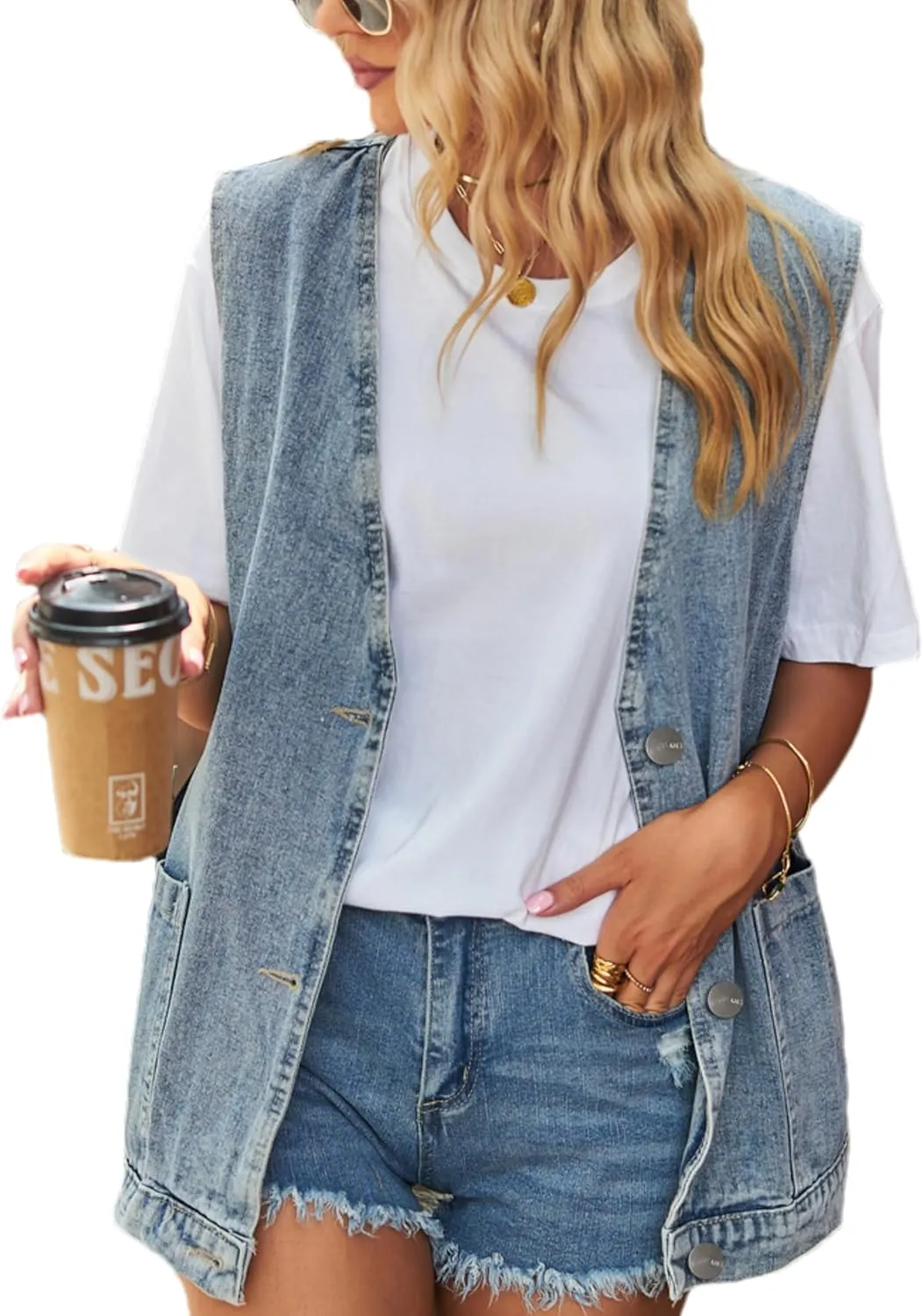 Women's Casual Denim Jean Vest Oversized Sleeveless Mid Long Button Down Jeans Jackets Vests Tops Waistcoat 