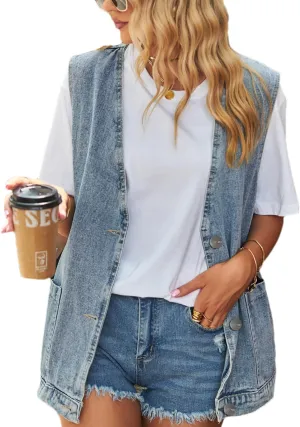 Women's Casual Denim Jean Vest Oversized Sleeveless Mid Long Button Down Jeans Jackets Vests Tops Waistcoat 