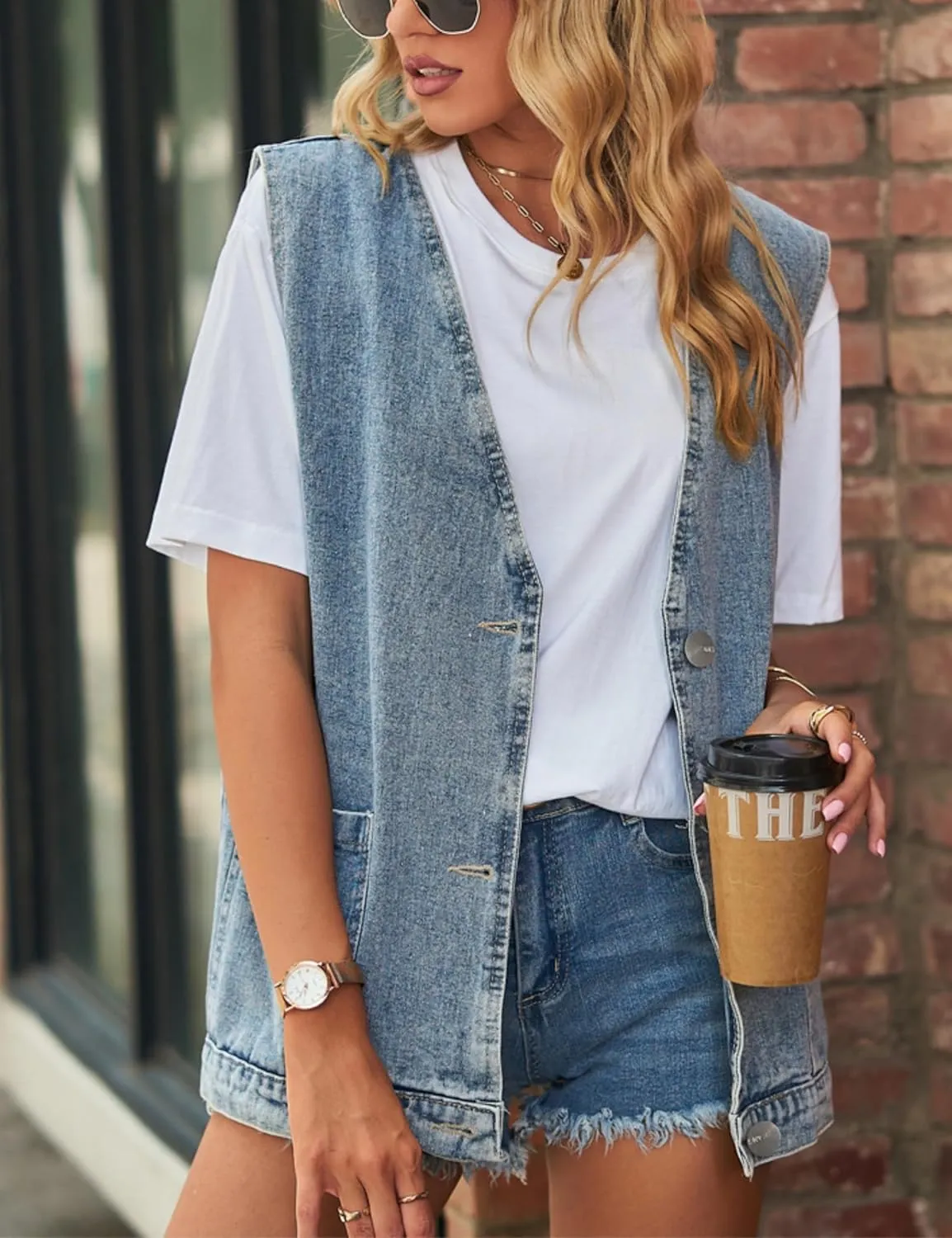 Women's Casual Denim Jean Vest Oversized Sleeveless Mid Long Button Down Jeans Jackets Vests Tops Waistcoat 