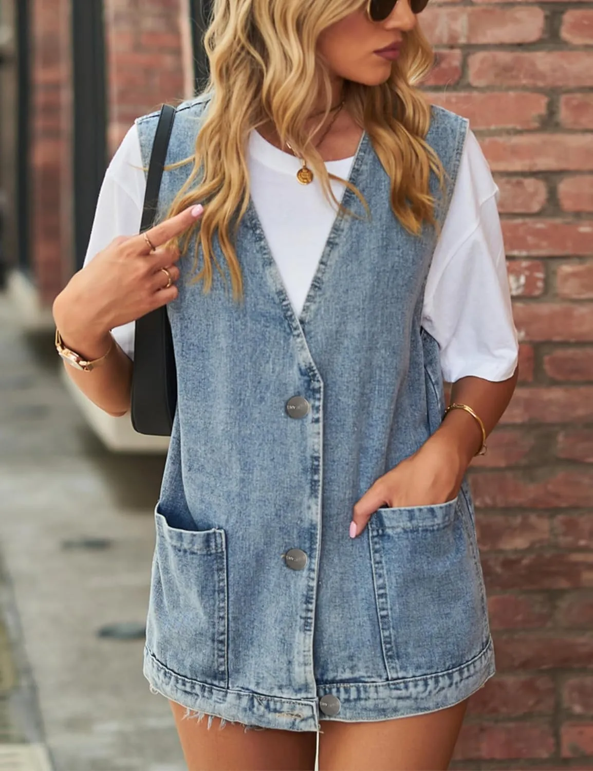 Women's Casual Denim Jean Vest Oversized Sleeveless Mid Long Button Down Jeans Jackets Vests Tops Waistcoat 