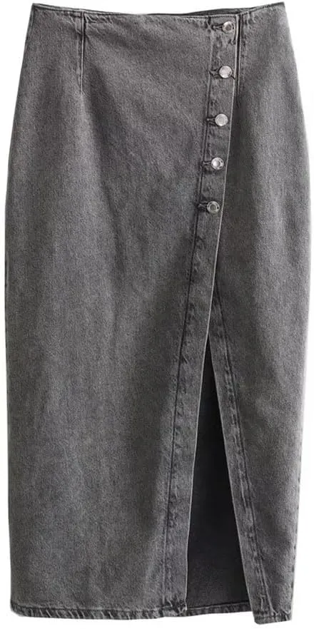 Women's Casual Elegant Denim Midi Skirts Button Front with Side Slit