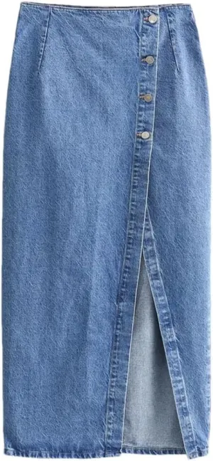 Women's Casual Elegant Denim Midi Skirts Button Front with Side Slit