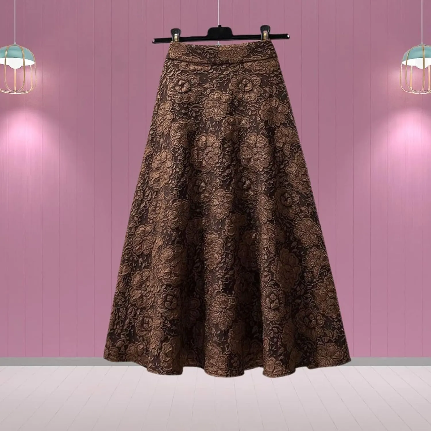 Womens Casual High Waisted A Line Solid Flower Skirts Sexy Midi Length Trendy Work Skirt for Women Floral Swing Flare