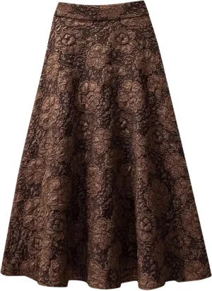 Womens Casual High Waisted A Line Solid Flower Skirts Sexy Midi Length Trendy Work Skirt for Women Floral Swing Flare