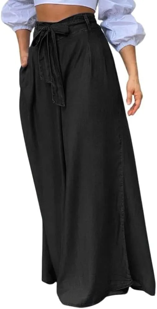 Women's Casual Tie Knot Wide Leg Jean Trousers Flowy Culottes High Waist Dressy Denim Pants with Pockets