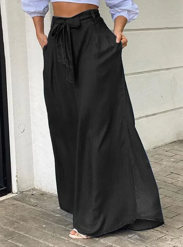 Women's Casual Tie Knot Wide Leg Jean Trousers Flowy Culottes High Waist Dressy Denim Pants with Pockets