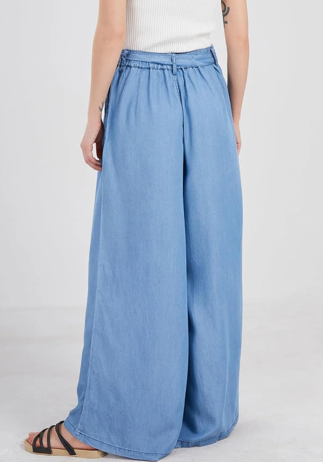 Women's Casual Tie Knot Wide Leg Jean Trousers Flowy Culottes High Waist Dressy Denim Pants with Pockets