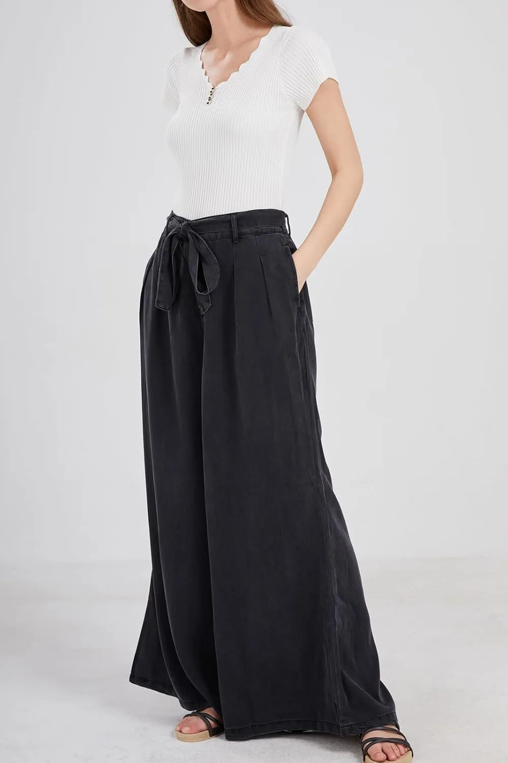 Women's Casual Tie Knot Wide Leg Jean Trousers Flowy Culottes High Waist Dressy Denim Pants with Pockets