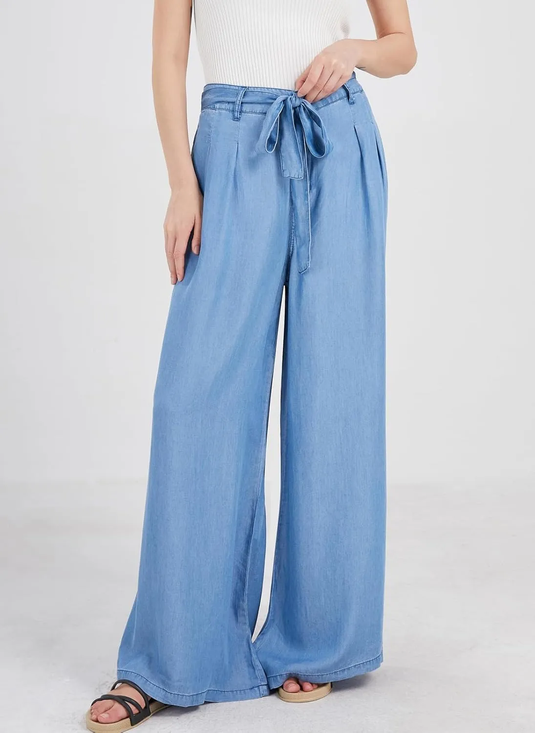 Women's Casual Tie Knot Wide Leg Jean Trousers Flowy Culottes High Waist Dressy Denim Pants with Pockets
