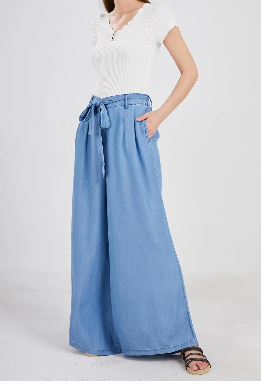 Women's Casual Tie Knot Wide Leg Jean Trousers Flowy Culottes High Waist Dressy Denim Pants with Pockets