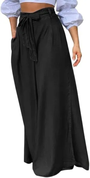 Women's Casual Tie Knot Wide Leg Jean Trousers Flowy Culottes High Waist Dressy Denim Pants with Pockets